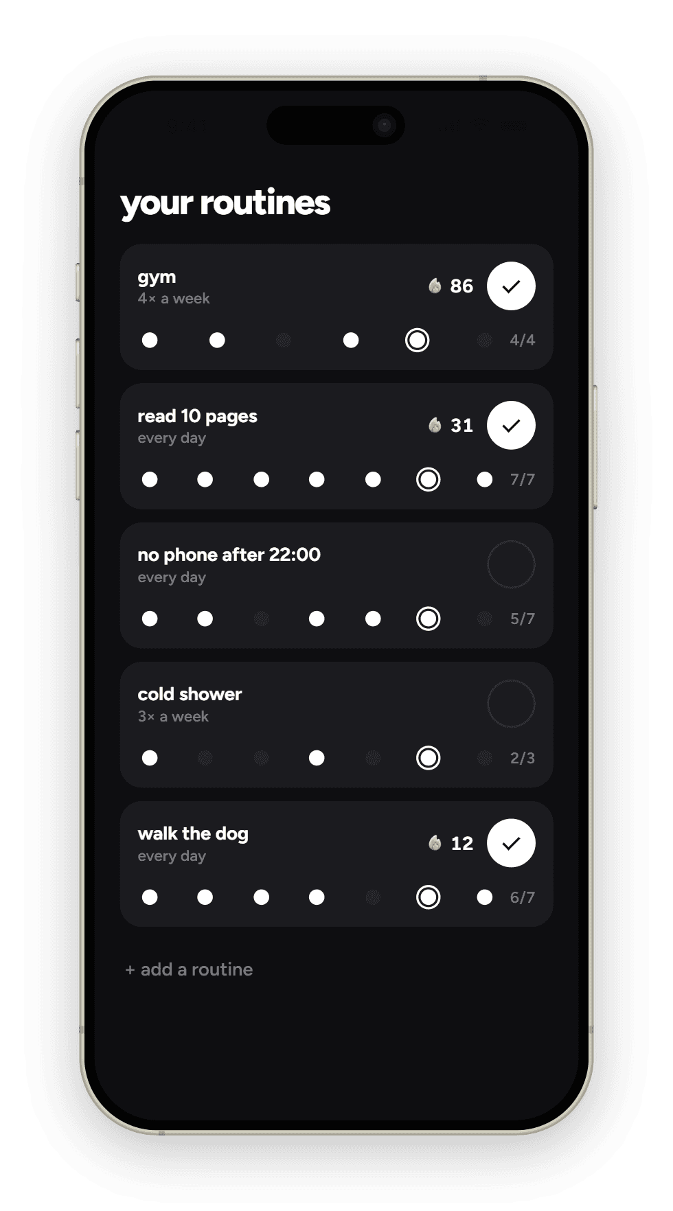 Basalt on an iPhone: five routines, each with its week and a tick